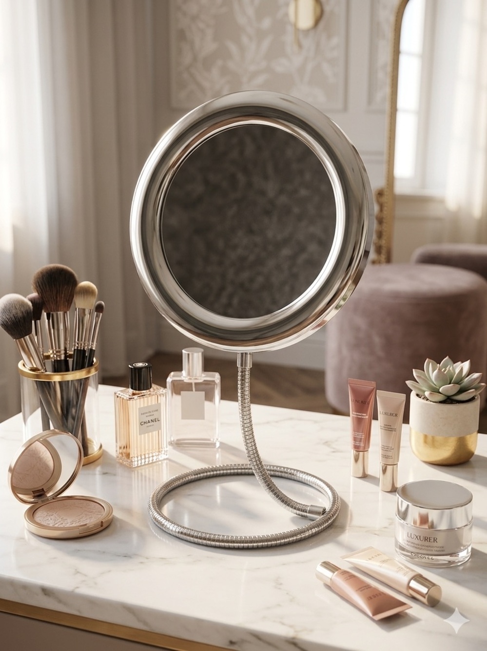 Gooseneck Magnifying Mirror in Silver - Adjustable Home Accent